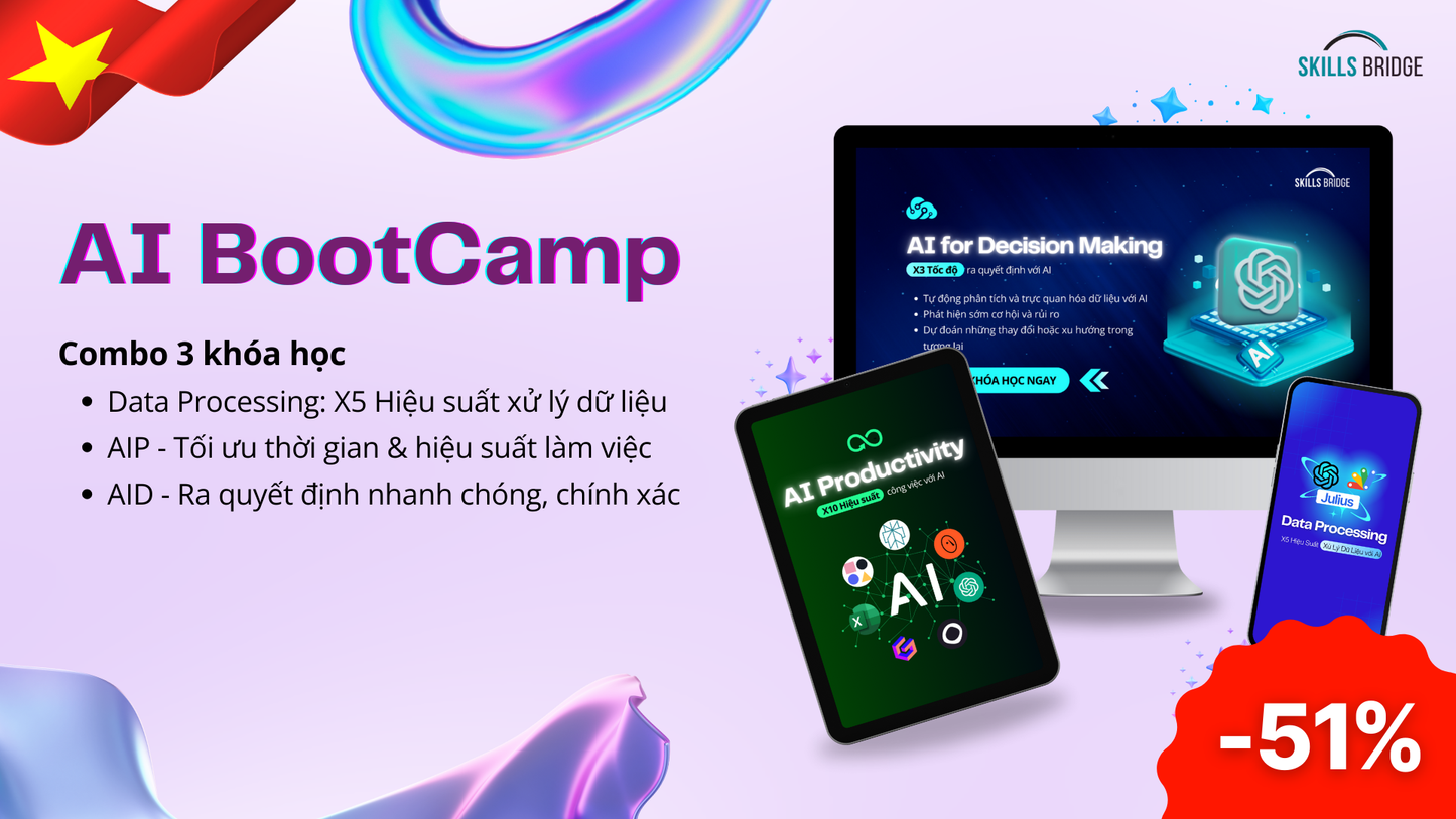 Combo khóa học: AI Productivity, AI for Decision Making và Data Processing