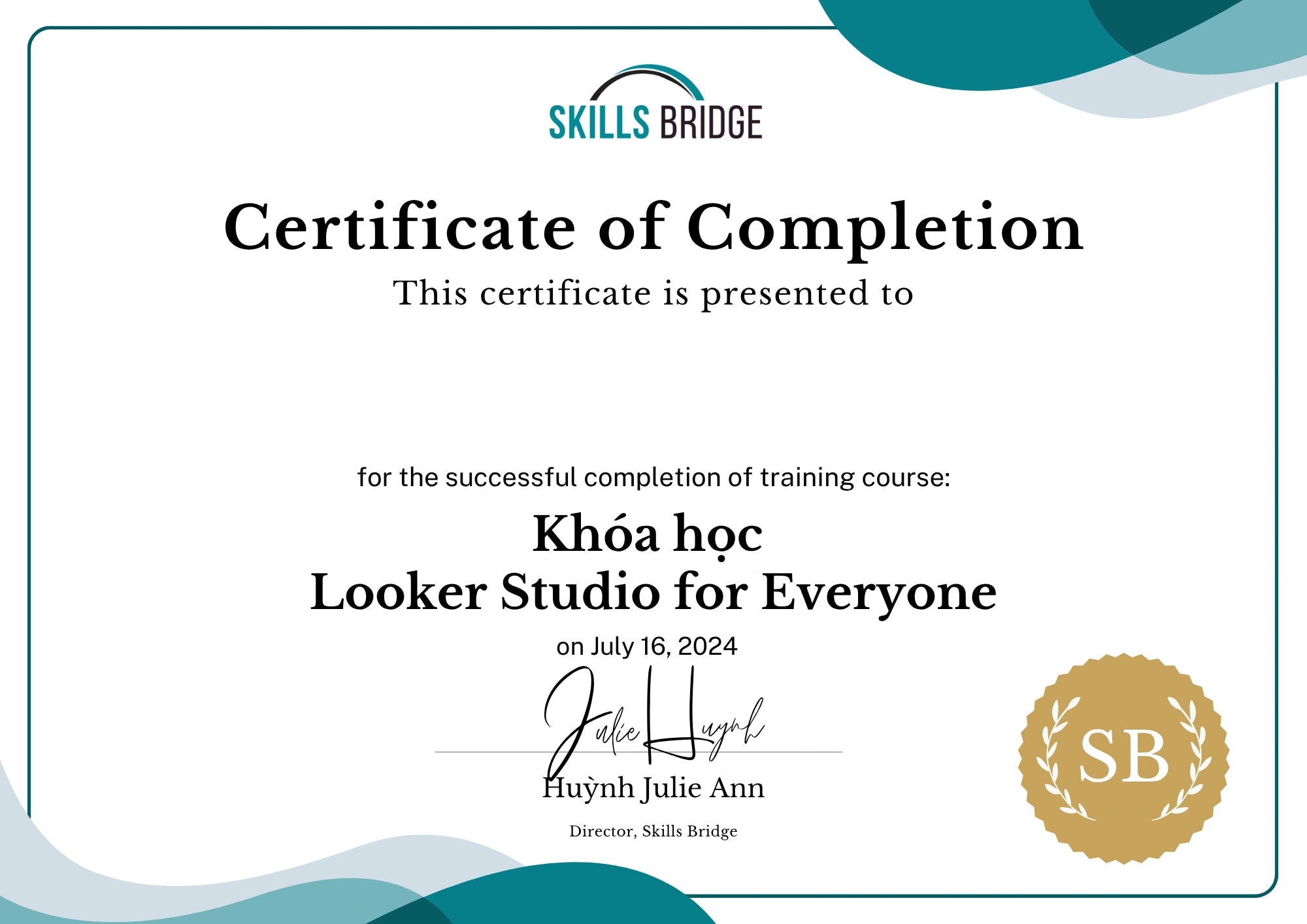 Chứng chỉ hoàn thành khóa học Looker Studio for Everyone từ Skills Bridge cấp cho học viên